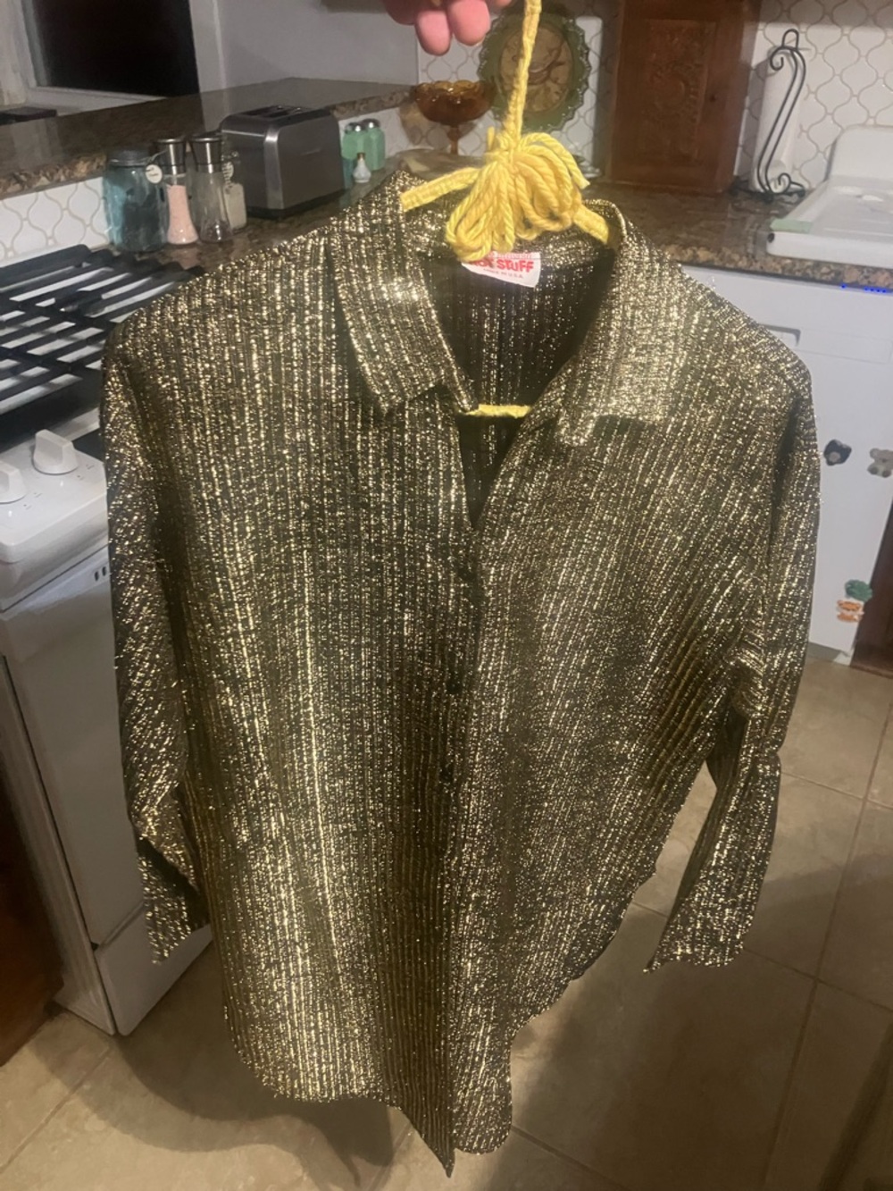 Women’s Gold Metallic Button-Down Shirt - Shiny Collared Top